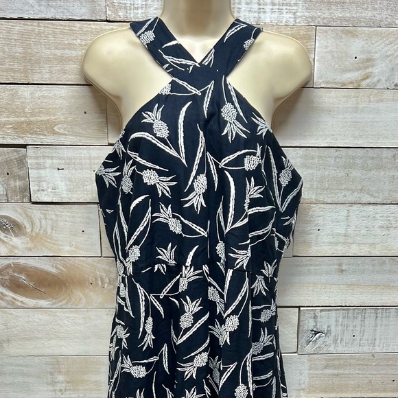 Ann Taylor Dress Womens 14 Blue White Linen Blend Halter Embroidered Pineapple - Picture 3 of 13